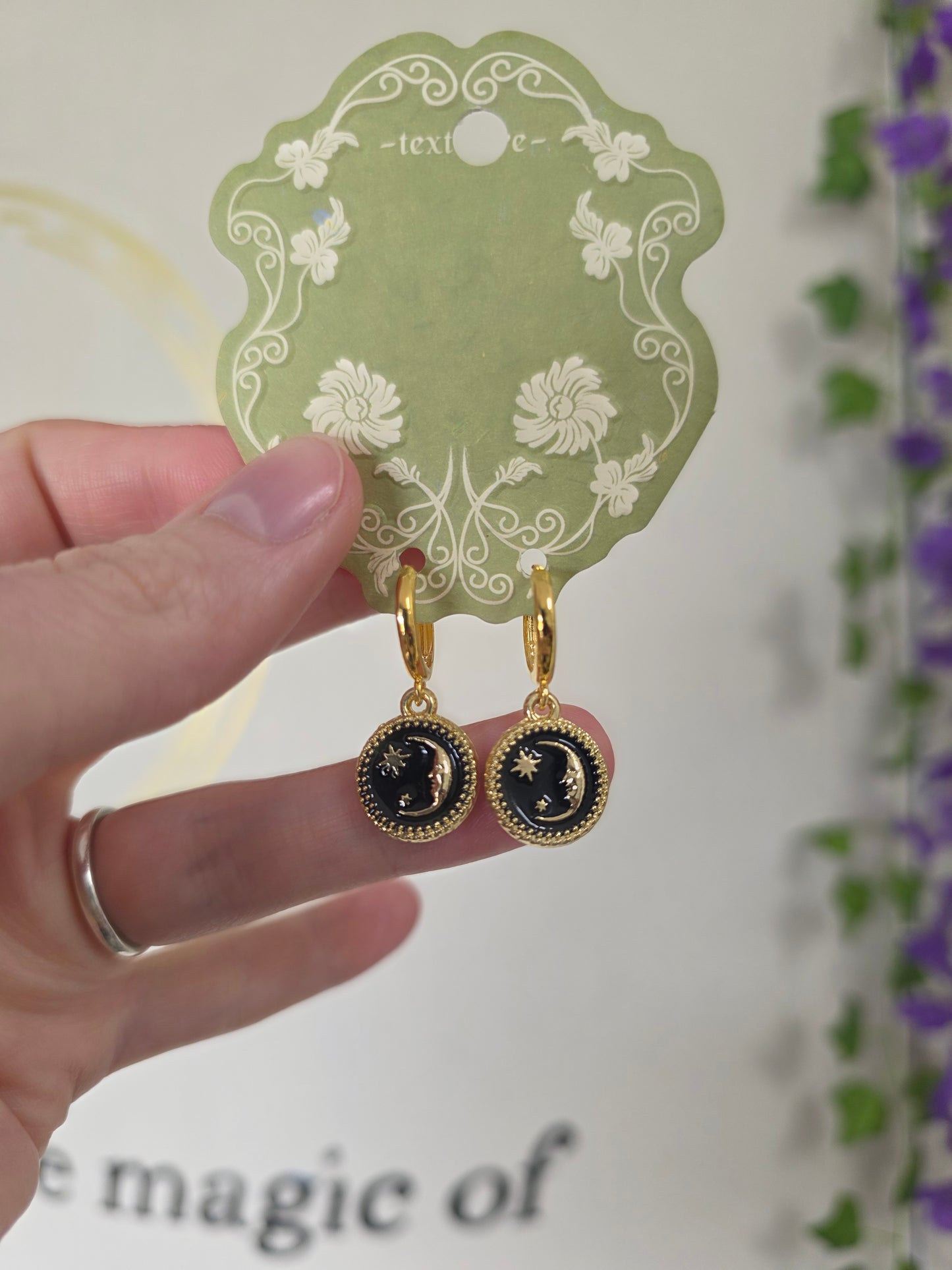 Gold Plated Black Moon & Star Earrings