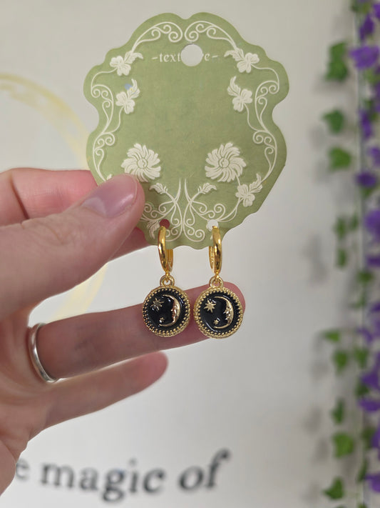 Gold Plated Black Moon & Star Earrings