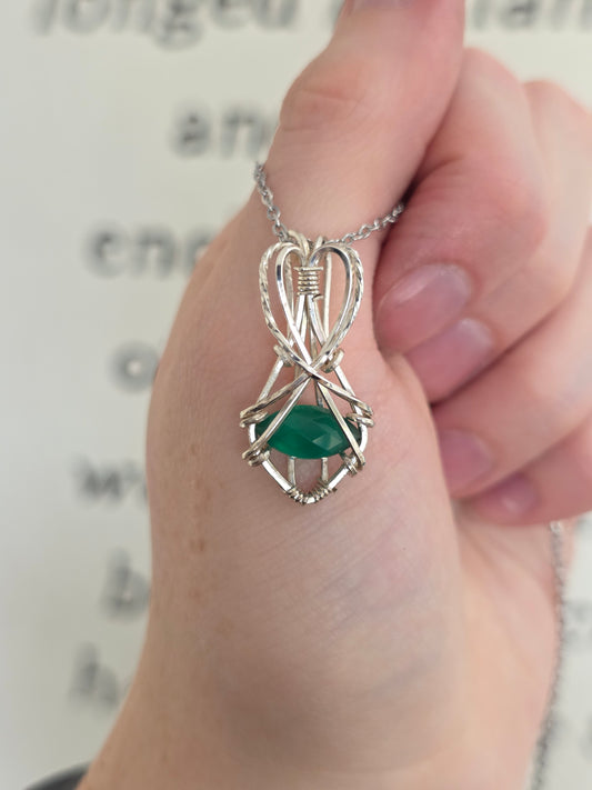 Green Agate Sterling Silver Wire Wrapped Necklace