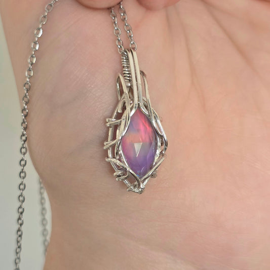 Faceted Aura Opal Sterling Silver Wire Wrapped Necklace