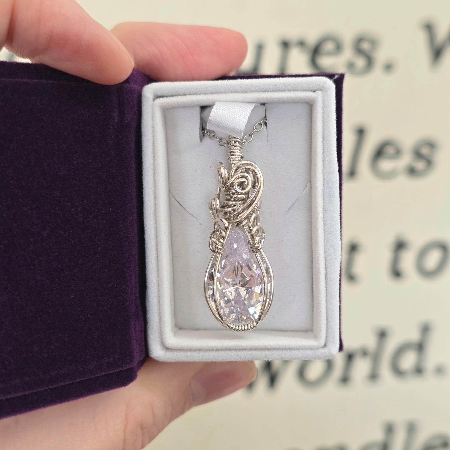 White Sapphire Sterling Silver Wire Wrapped Necklace