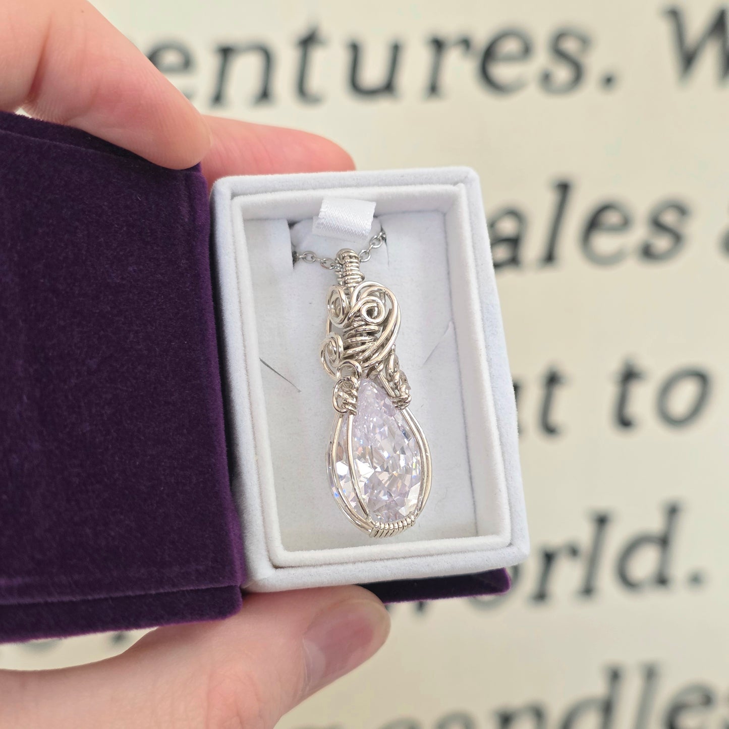 White Sapphire Sterling Silver Wire Wrapped Necklace