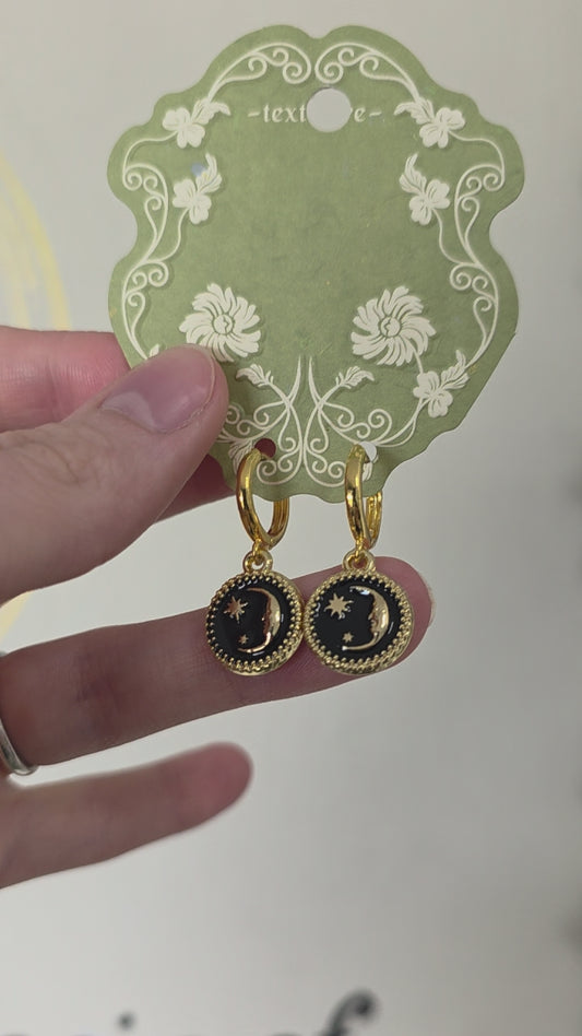 Gold Plated Black Moon & Star Earrings