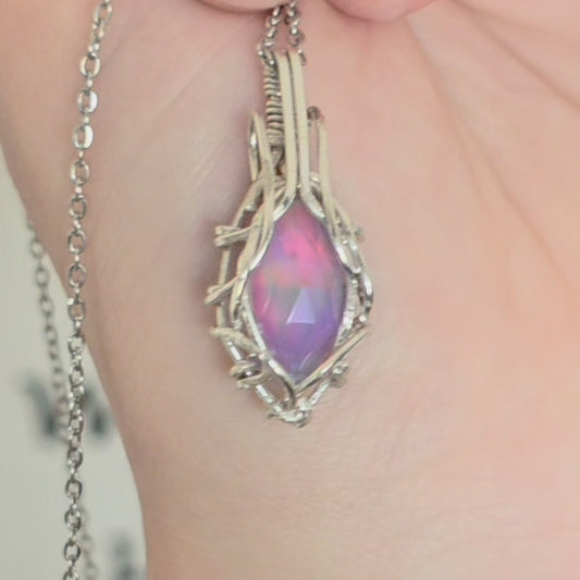 Faceted Aura Opal Sterling Silver Wire Wrapped Necklace