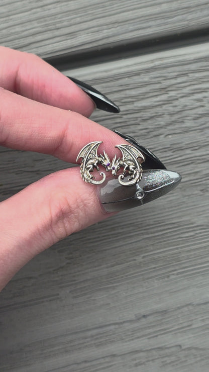 Dragon Earrings Studs Sterling Silver & Amethyst