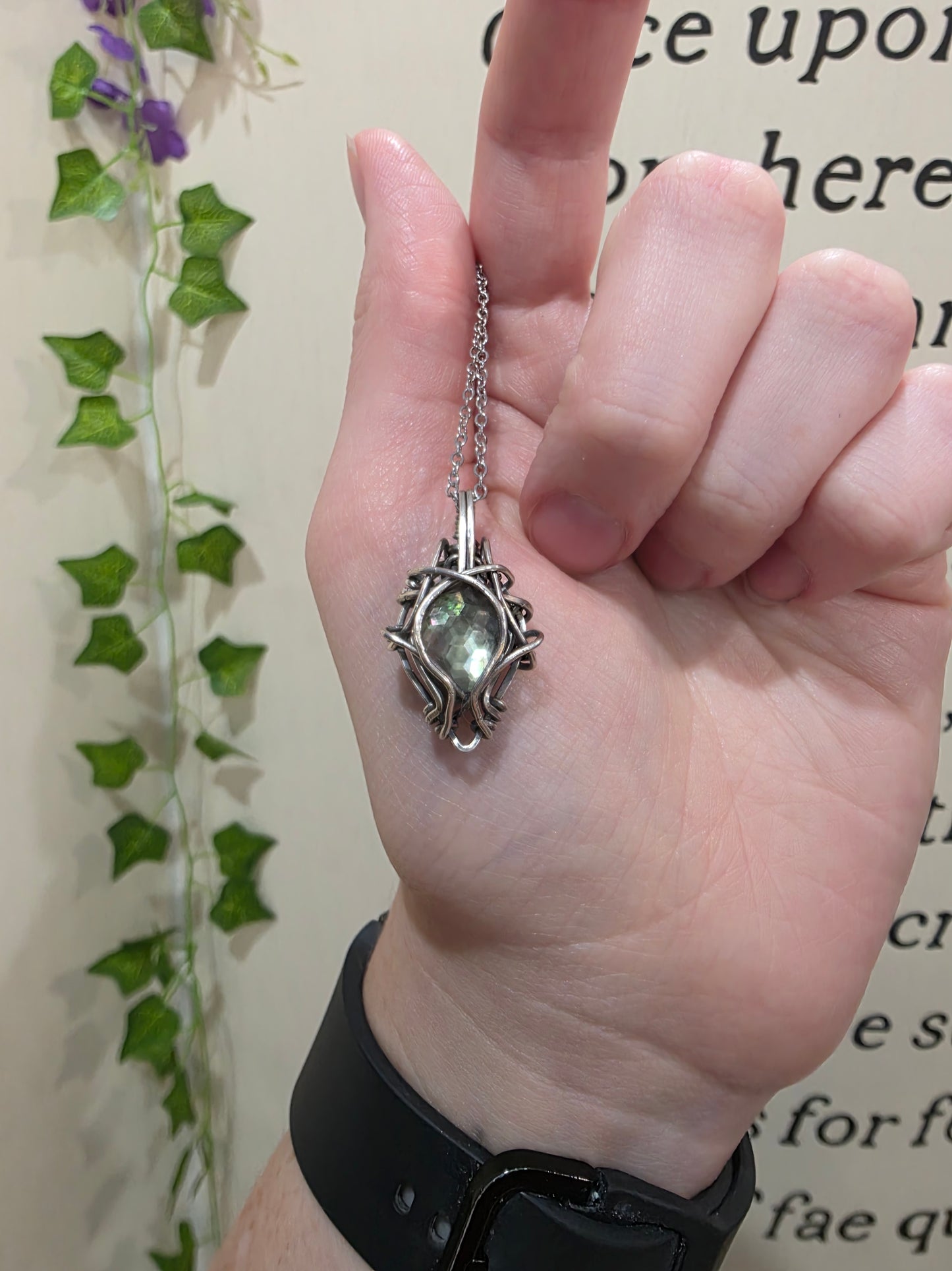 Mother of Pearl & Black Moonstone Doublet Sterling Silver Wire Wrapped Necklace