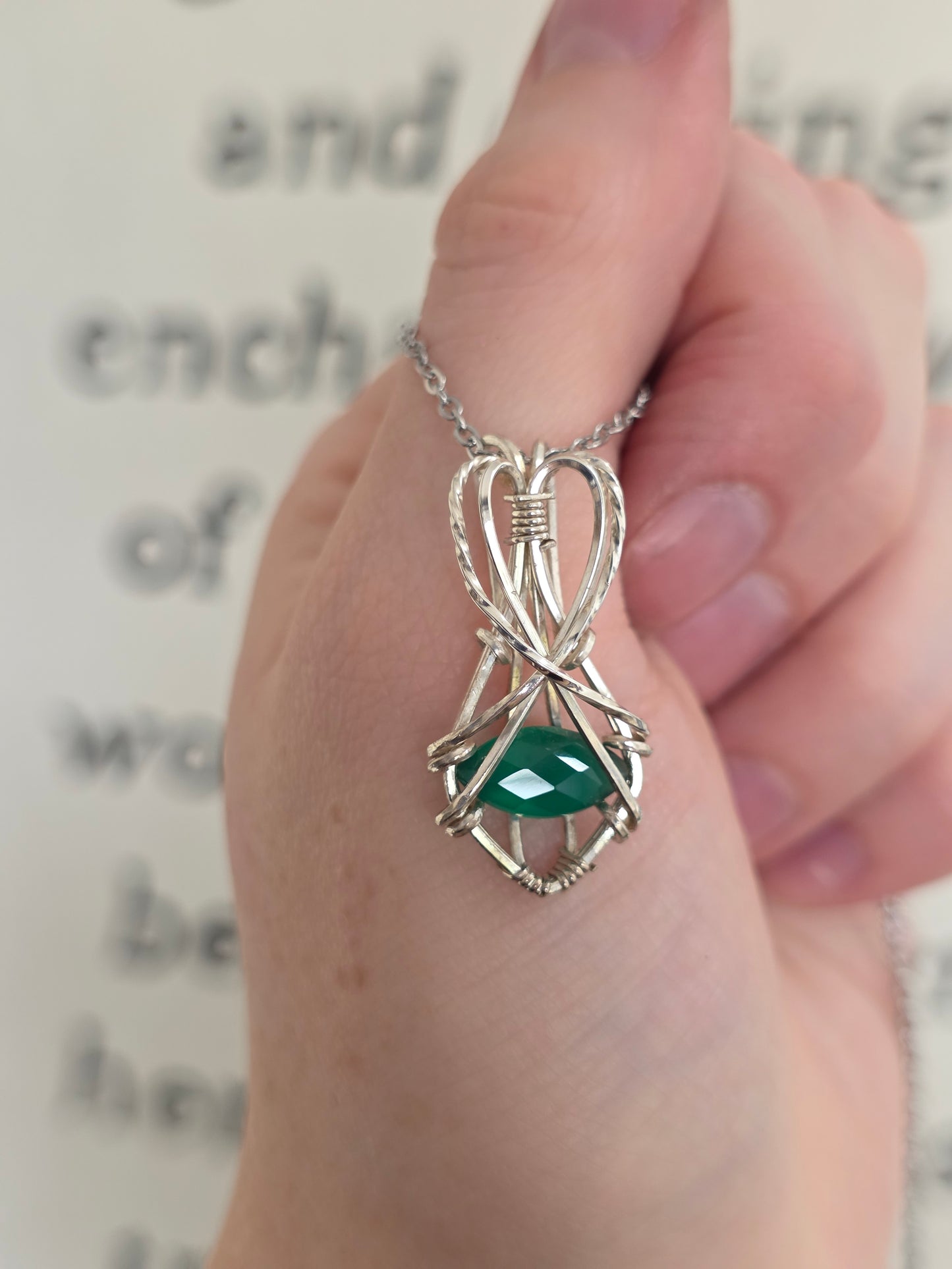 Green Agate Sterling Silver Wire Wrapped Necklace