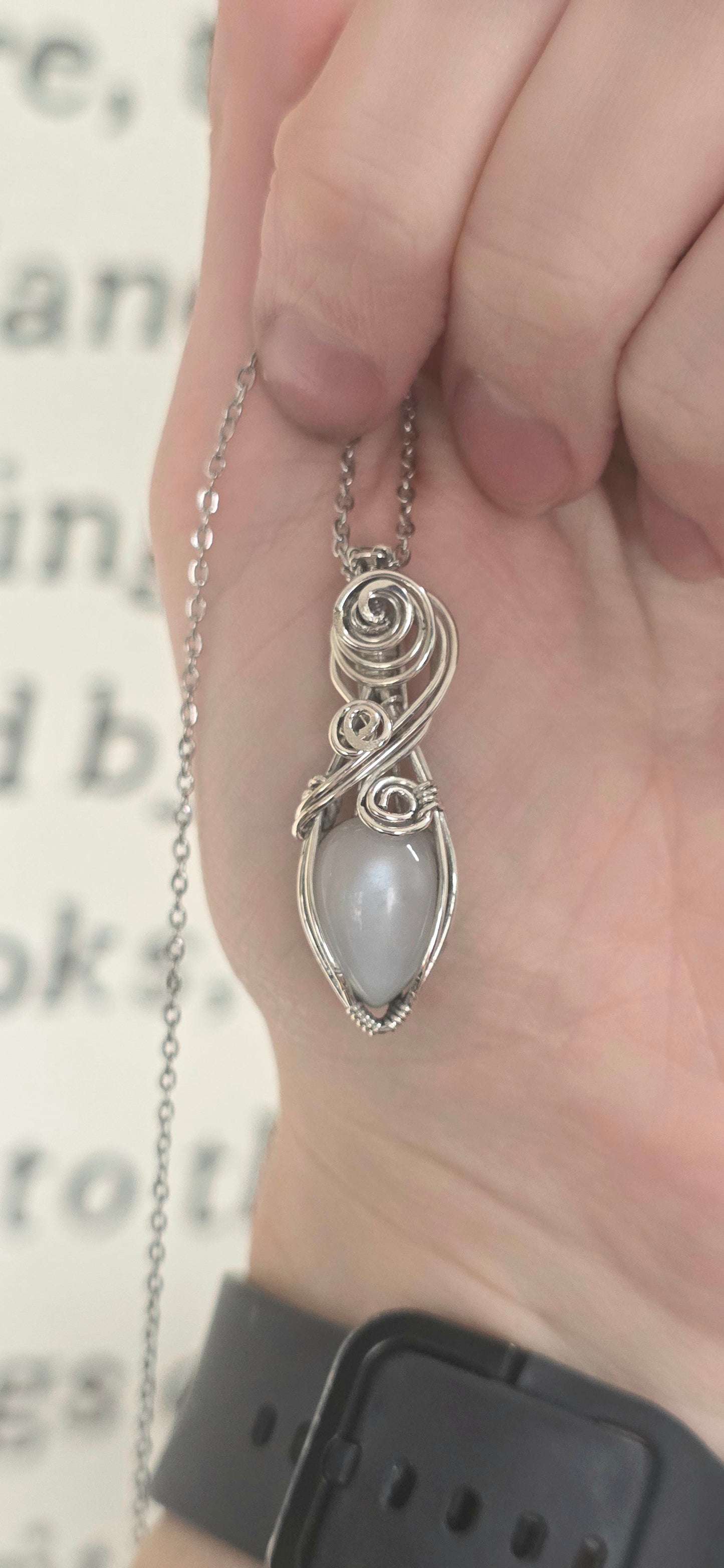 White Moonstone Sterling Silver Wrapped Necklace
