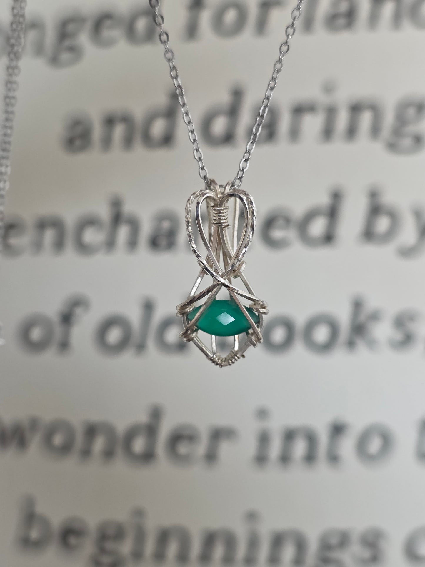 Green Agate Sterling Silver Wire Wrapped Necklace