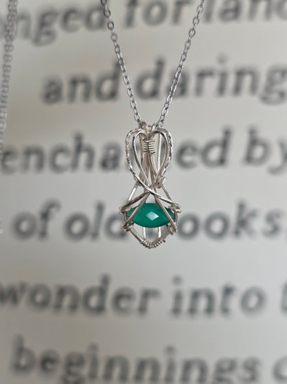 Green Agate Sterling Silver Wire Wrapped Necklace