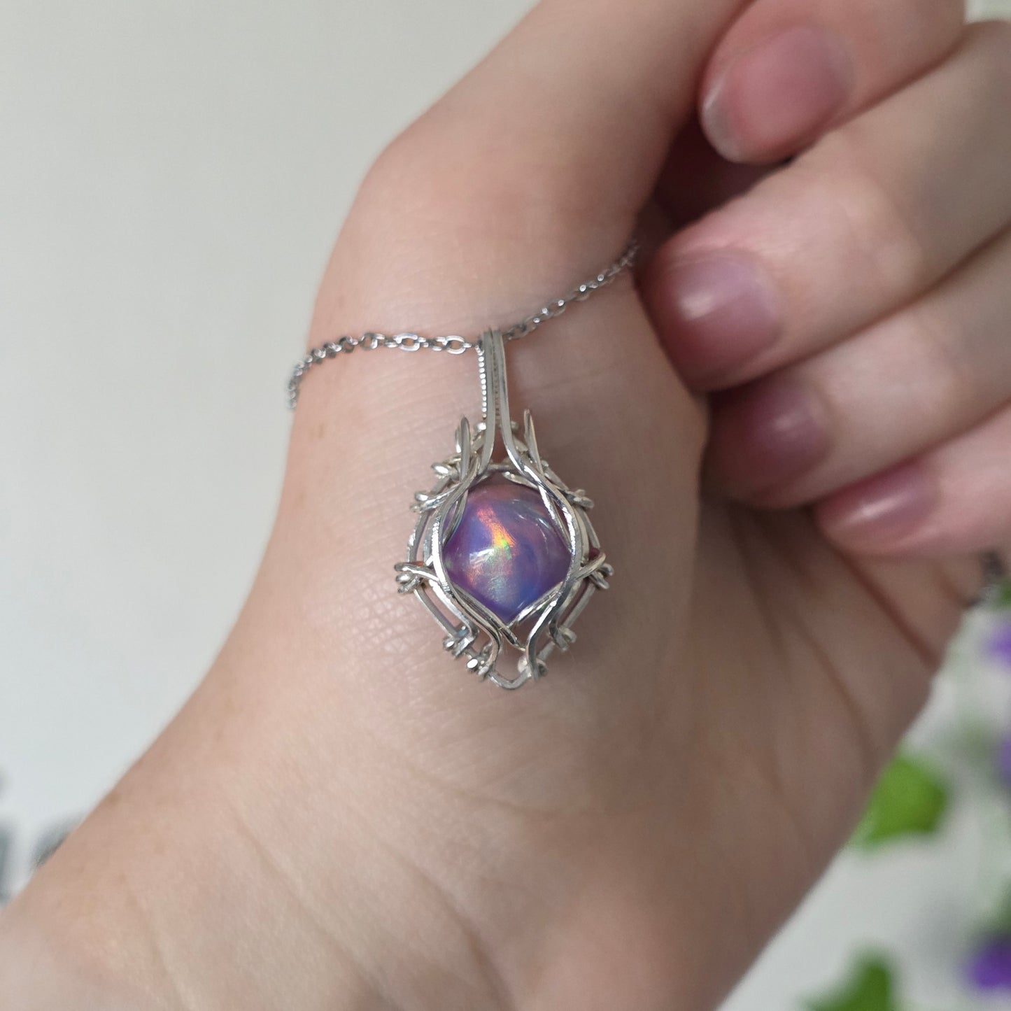 Aura Opal Sterling Silver Wire Wrapped Necklace
