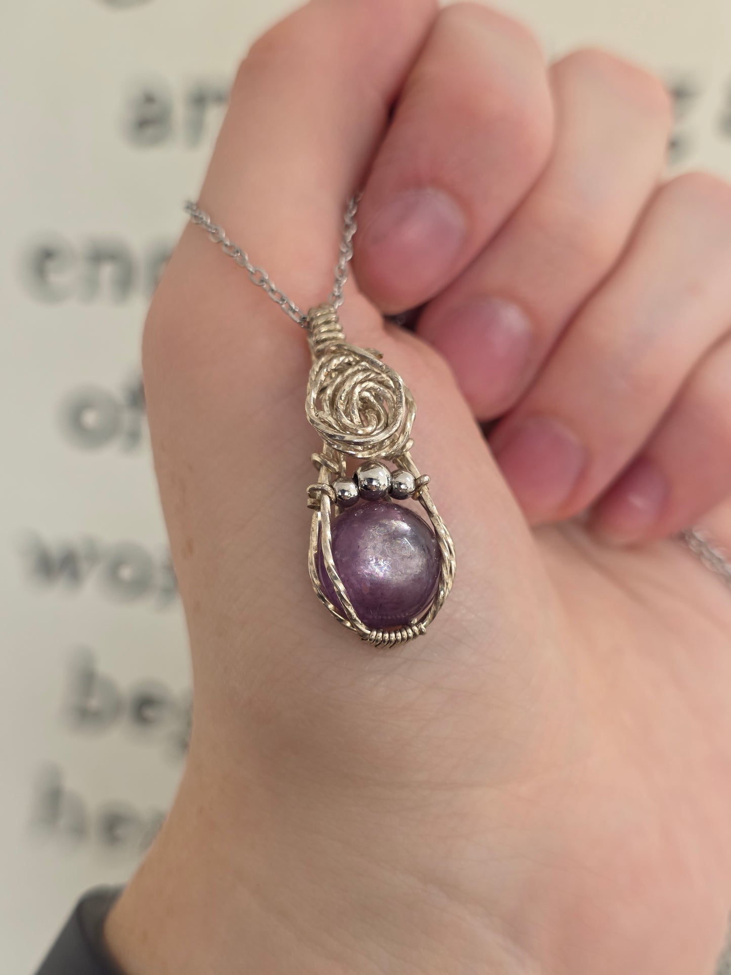 Lepidolite Sterling Silver Wire Wrapped Necklace