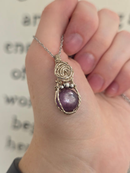 Lepidolite Sterling Silver Wire Wrapped Necklace