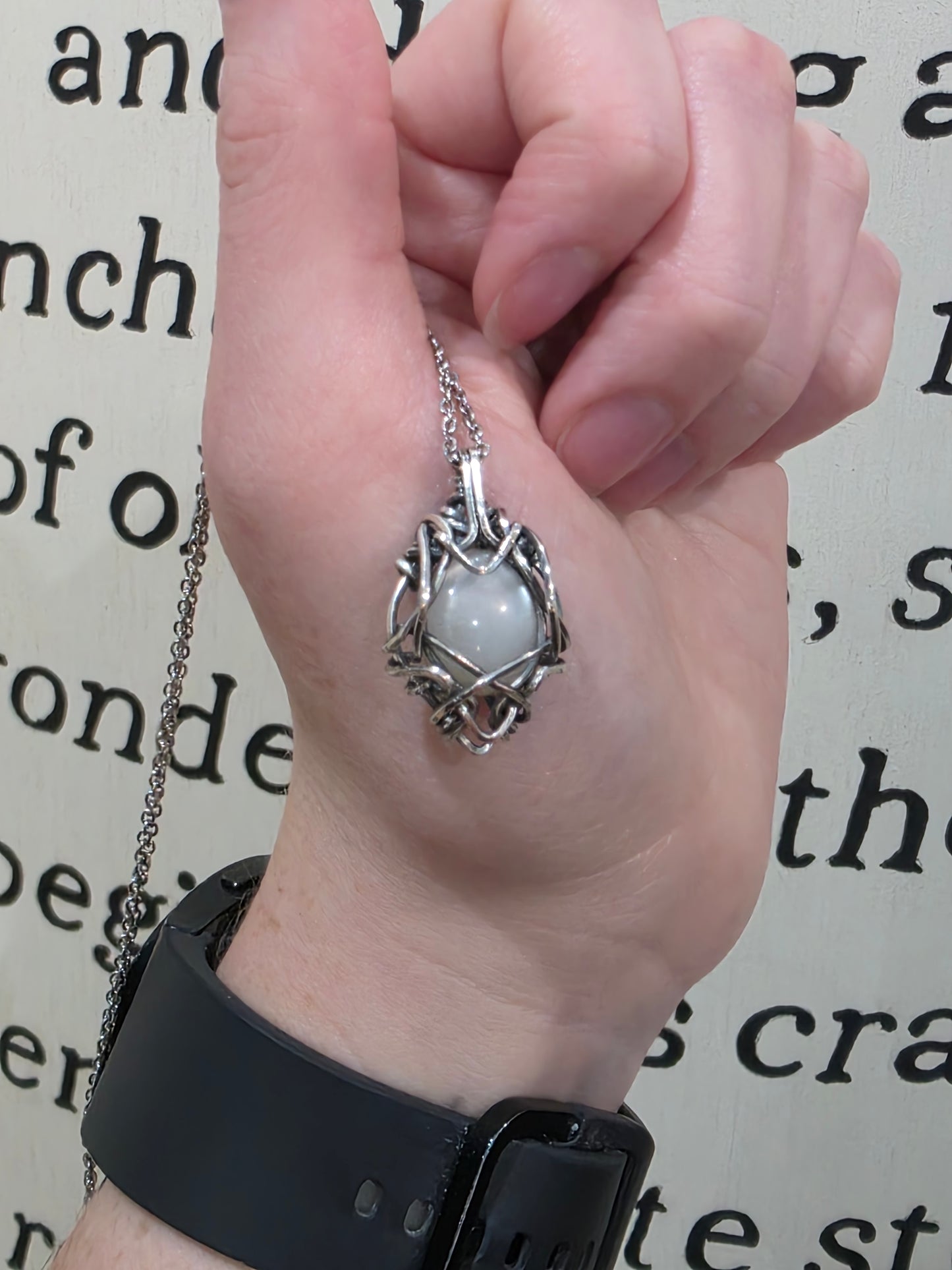 White Moonstone Sterling Silver Wire Wrapped Necklace