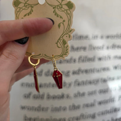 Gold & Red Coffin Earrings