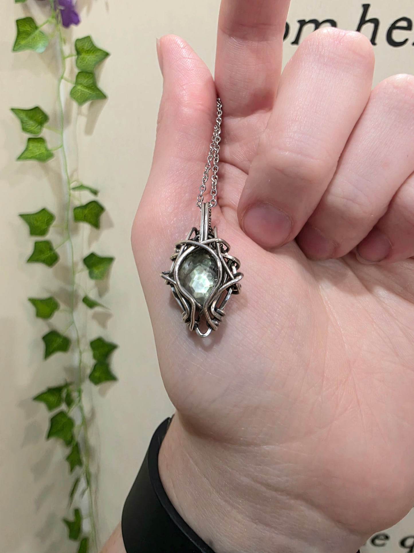 Mother of Pearl & Black Moonstone Doublet Sterling Silver Wire Wrapped Necklace