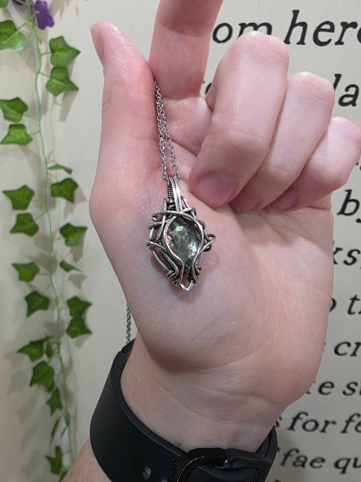 Mother of Pearl & Black Moonstone Doublet Sterling Silver Wire Wrapped Necklace