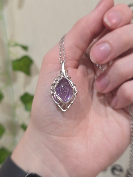 Lavender Quartz Carved Wire Wrapped Necklace