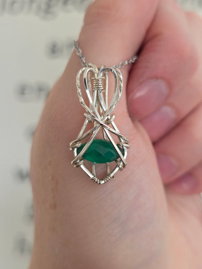 Green Agate Sterling Silver Wire Wrapped Necklace