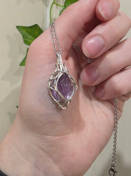 Lavender Quartz Carved Wire Wrapped Necklace