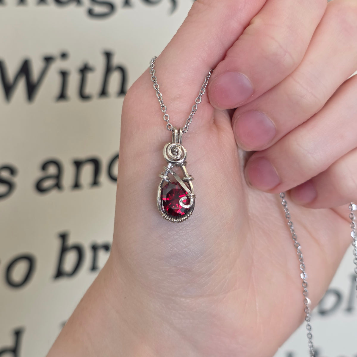Mini Garnet (Round Diamond Cut) Sterling Silver Necklace