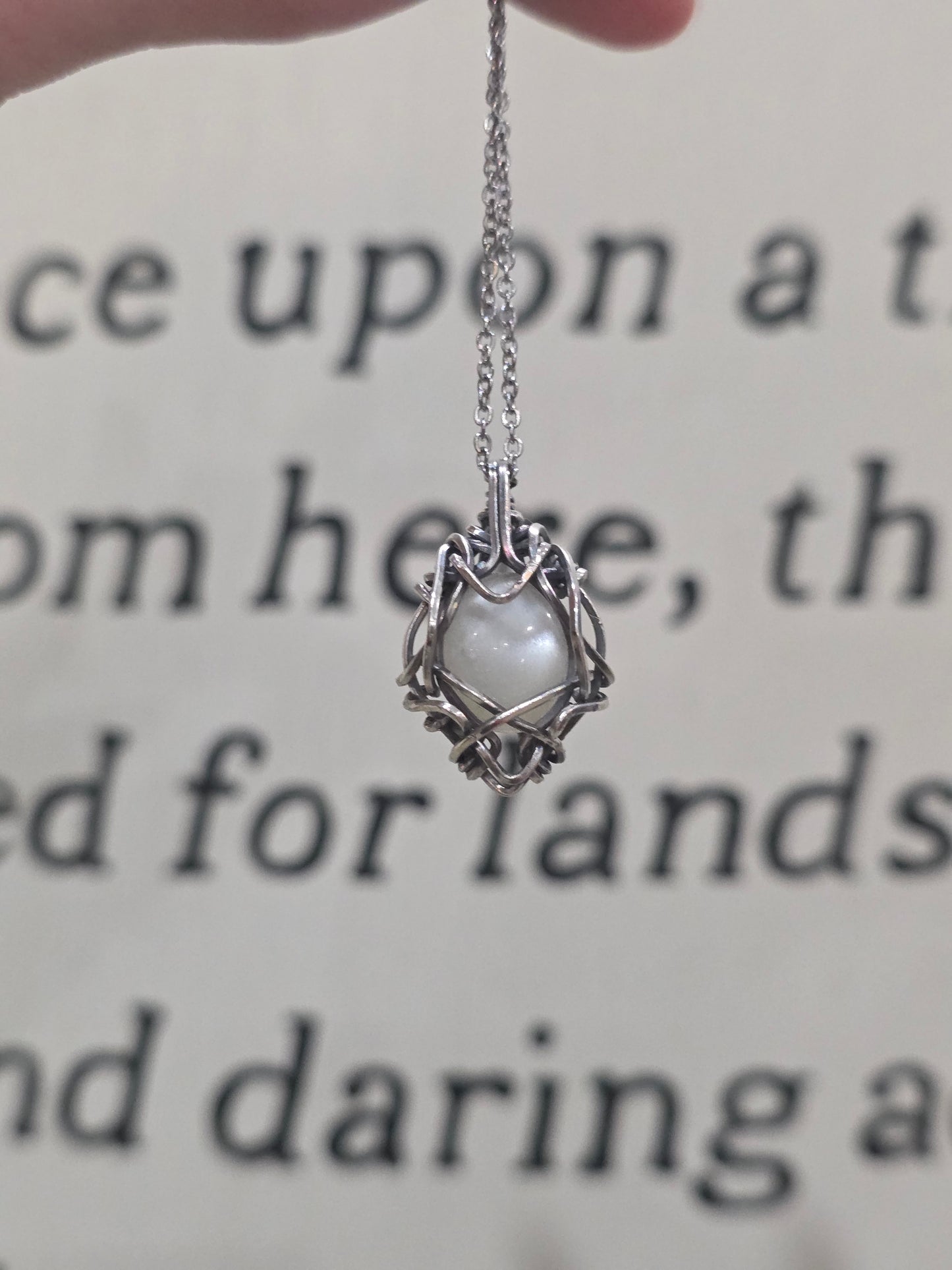 White Moonstone Sterling Silver Wire Wrapped Necklace