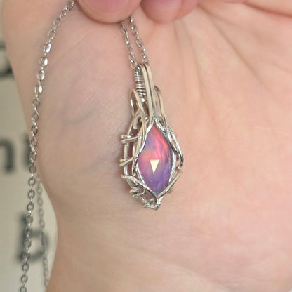 Faceted Aura Opal Sterling Silver Wire Wrapped Necklace