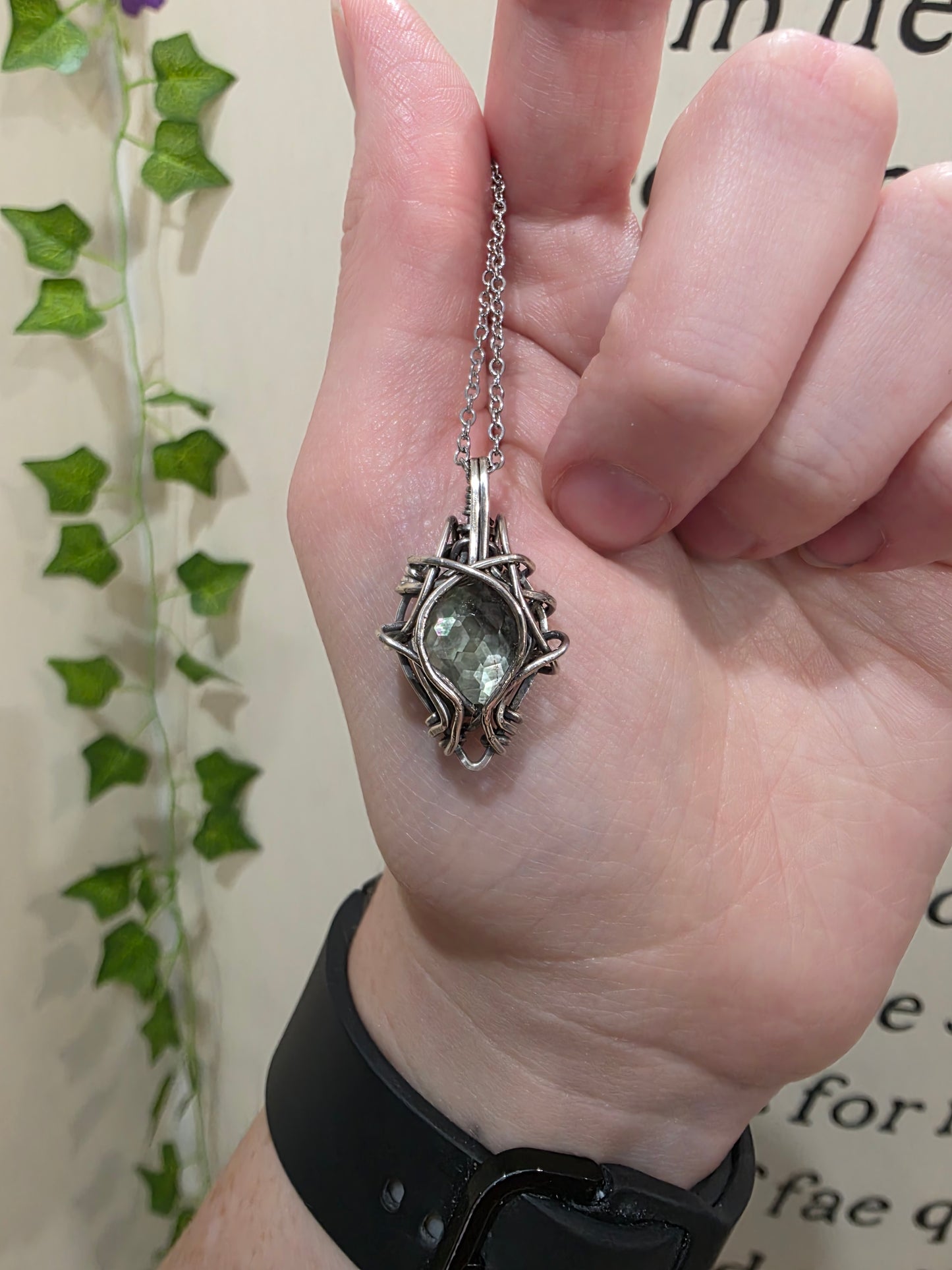 Mother of Pearl & Black Moonstone Doublet Sterling Silver Wire Wrapped Necklace